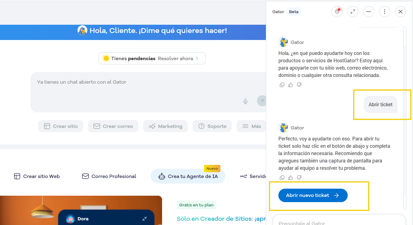 Pantalla de soporte al cliente con opciones para abrir un ticket y usar el chat en vivo en la plataforma de HostGator, destacando el botón para abrir un nuevo ticket.