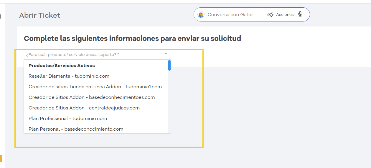Tela de envio de solicitação de suporte para produtos e serviços ativos, incluindo opções como Reseller Diamante, criador de sites e planos profissionais.