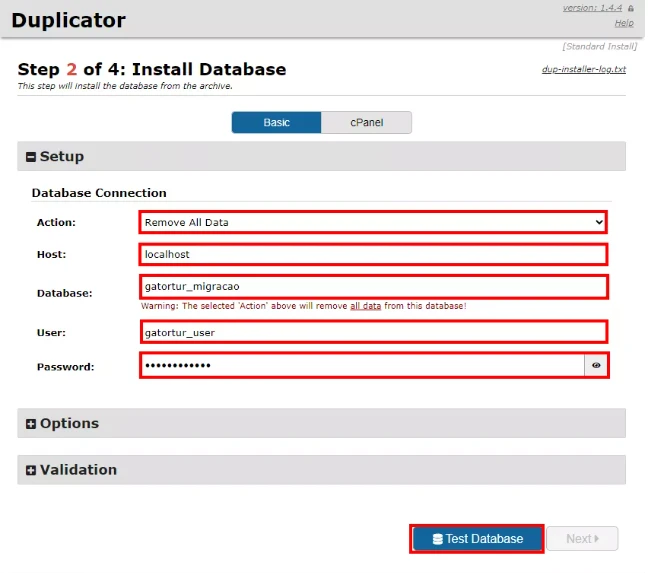 Imagen que muestra la configuración de la base de datos en una interfaz de instalación, con campos para acción, host, base de datos, usuario y contraseña, además de un botón para probar la conexión.