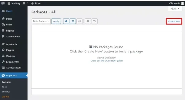 Pantalla del panel de WordPress que muestra la opción “Create New” para crear un paquete de plugins o temas, sin paquetes encontrados.
