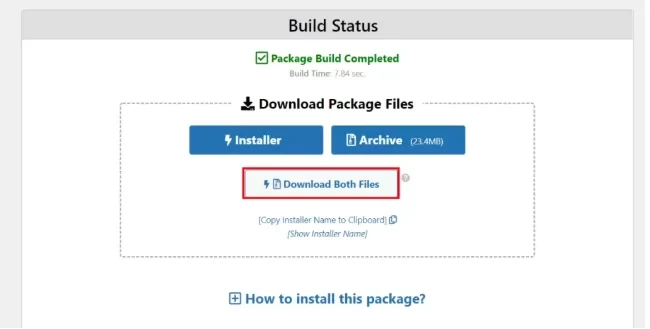 Pantalla que muestra el estado de compilación completada y las opciones de descarga del paquete de instalación y del archivo de respaldo, incluyendo un botón para descargar ambos archivos.