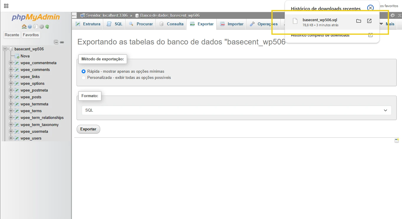 Imagen de la exportación de las tablas de la base de datos “basecent_wp506” en phpMyAdmin, mostrando las opciones de exportación en formato SQL.