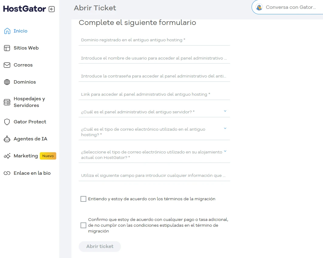 Imagen de una pantalla del formulario de soporte al cliente de HostGator, que explica cómo abrir un ticket de soporte técnico para hosting web.