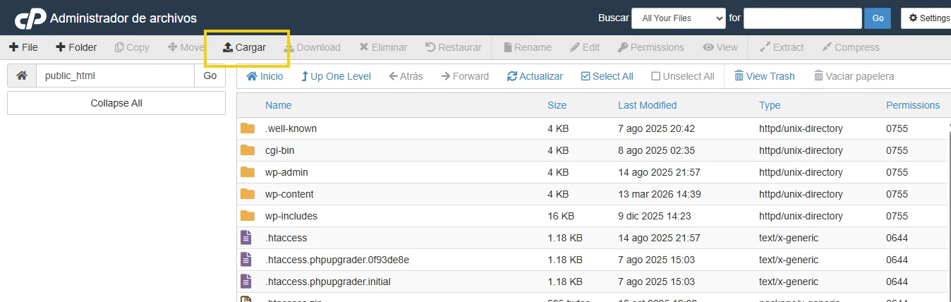 Imagen de una pantalla de administración de archivos del servidor, que muestra una lista de carpetas y archivos, con opciones para cargar, descargar, eliminar y restaurar, utilizada para la gestión de archivos en un panel de control. Con énfasis en la opcion “cargar”.