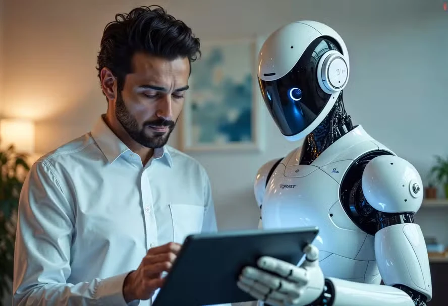 Hombre revisando una tablet junto a un robot futurista en un entorno de tecnología avanzada, mostrando innovación e inteligencia artificial en acciones cotidianas.