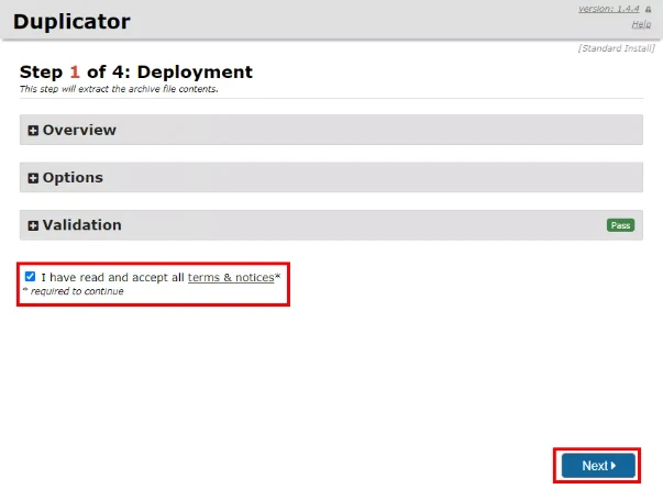 Pantalla de instalación del software Duplication con opciones de validación, configuración y confirmación de términos y condiciones.