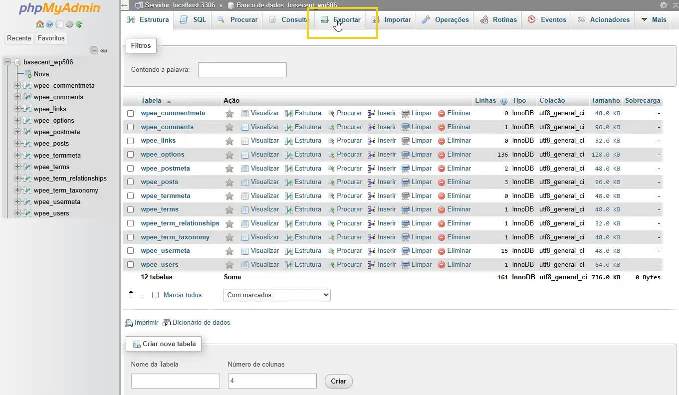 Captura de pantalla de una interfaz de administración de base de datos MySQL, que muestra varias tablas y opciones de edición.