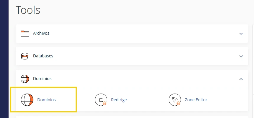 Imagen de una interfaz de herramienta de administración de dominios, que incluye opciones como Archivos, Bases de Datos, Dominios, Redireccionamiento y Zone Editor.