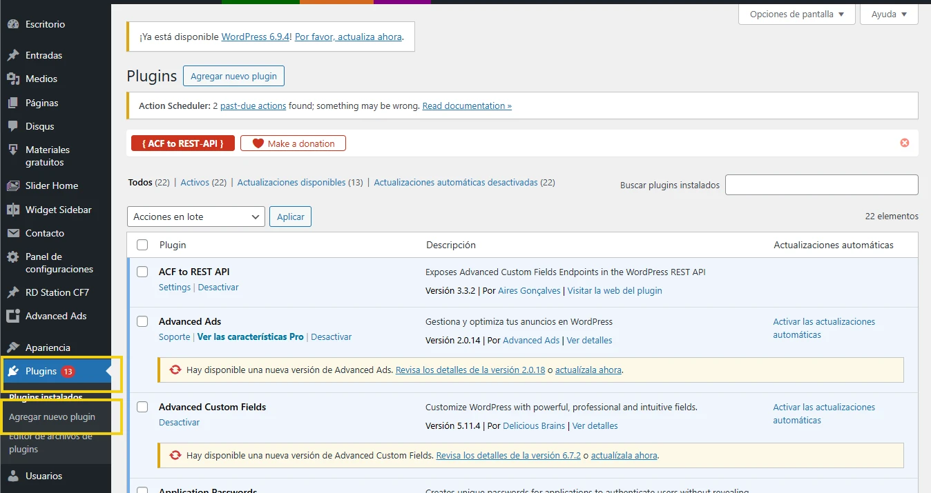 Imagen ilustrativa del panel de plugins de WordPress en la pantalla de administración, destacando la opción de agregar un nuevo plugin.