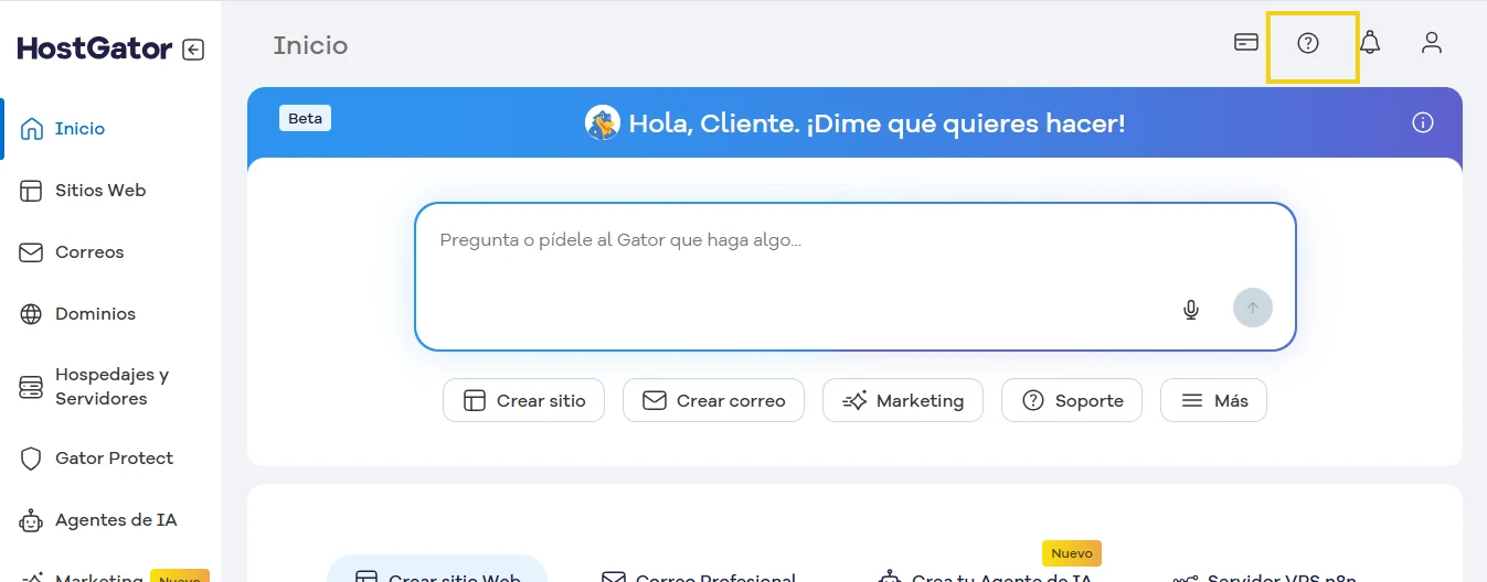 magen de la plataforma HostGator con una interfaz de usuario para la administración de sitios web, correo electrónico, marketing y soporte al cliente, destacando su facilidad de uso