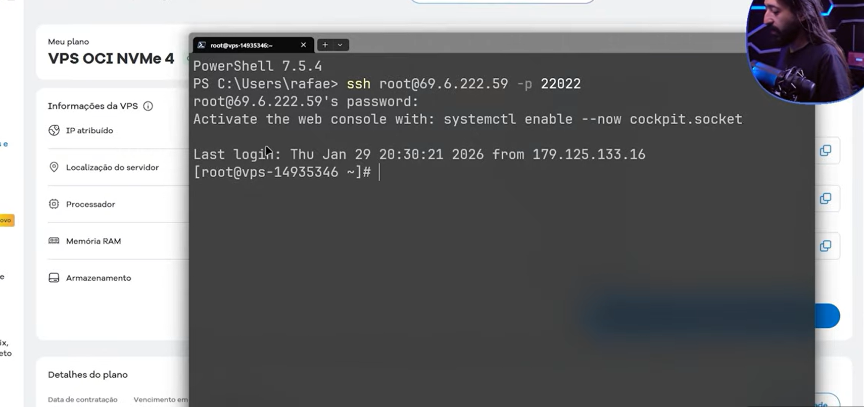 Imagem de uma tela de terminal PowerShell sendo utilizada para gerenciamento de um VPS com comando SSH, exibindo detalhes de conexão e login remoto.