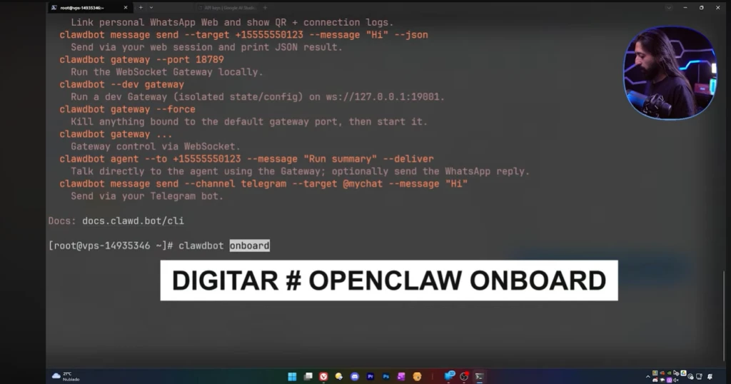 Descrição de uma tela de computador com comandos de chatbot e mensagens de conexão, relacionada a automação de WhatsApp usando Openclaw