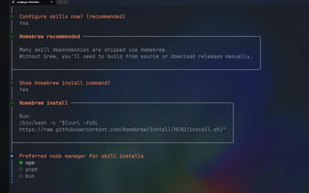 Captura de tela mostrando comandos de instalação do Homebrew no terminal, incluindo instruções para instalação via script e gestão de pacotes com npm, apt e bun.