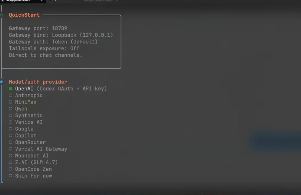 Tela de configuração de start rápido para uma conexão de API de inteligência artificial com opções de provedores como OpenAI, Anthropic, MiniMax, e outros, exibida em uma interface digital.