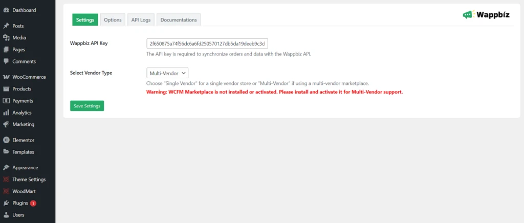 Configuración de la API de Wappbiz en el panel de administración de un sitio web, mostrando la opción de selección de proveedor y la clave API. Pantalla de configuración de plugins para comercio electrónico.