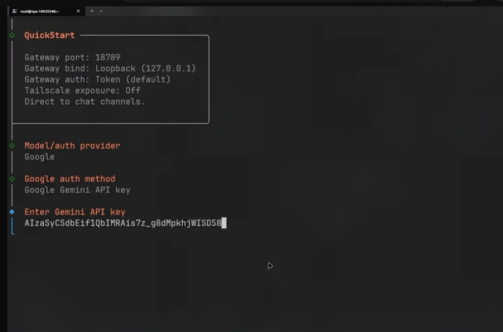 Tela exibindo configurações de API do Google Gemini, incluindo Gateway port, Gateway bind, Gateway auth, Tailscale exposure, e API key do Gemini.