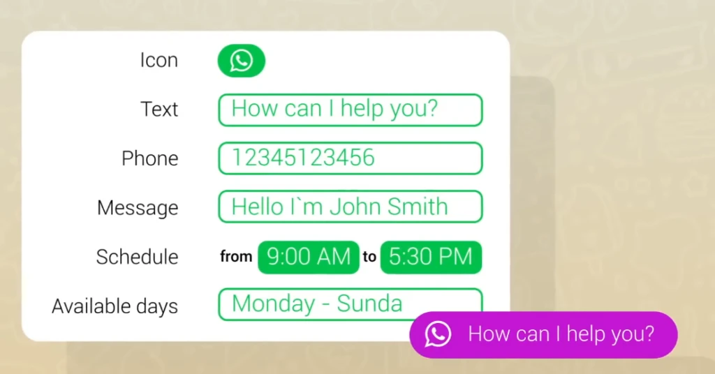 Pantalla de contacto de WhatsApp que muestra un ícono verde, un mensaje de ayuda, número de teléfono, horario disponible y días de la semana de atención.