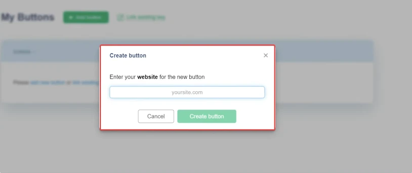 Captura de pantalla que muestra una ventana de creación de botón para insertar un enlace de sitio web, con un campo para la dirección del sitio y un botón para crear el botón.