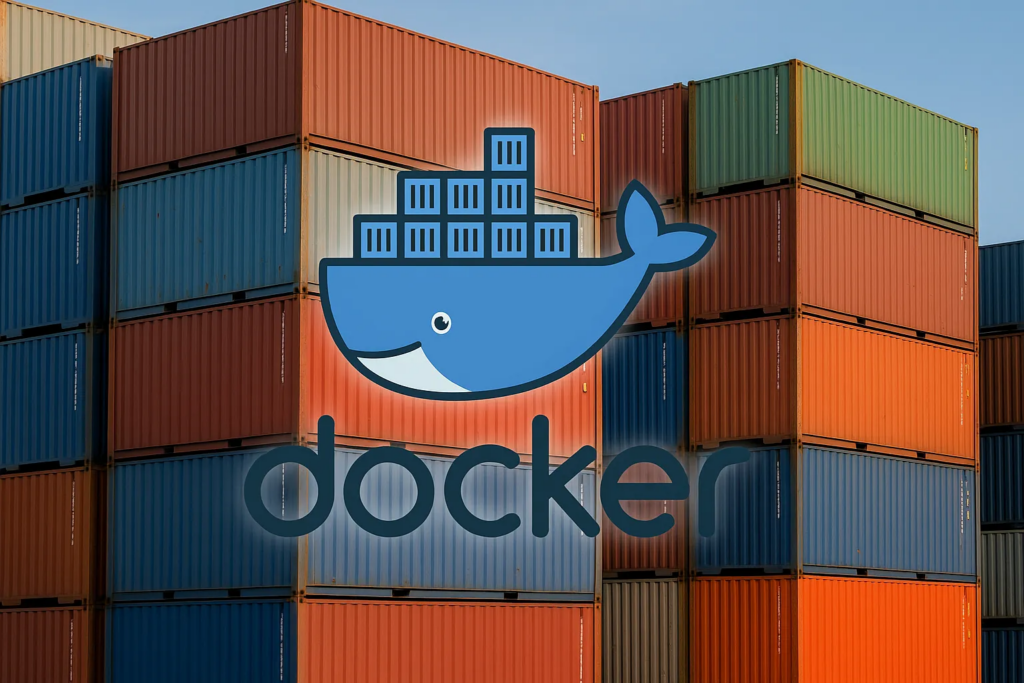 Imagem de containers coloridos com logo do Docker, sistema de gerenciamento de containers, ao fundo um céu claro