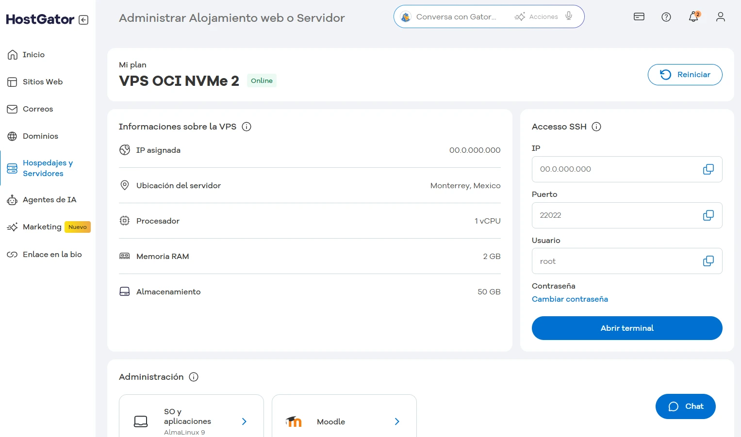 Tela de gerenciamento de VPS OCI NVMe 2 no HostGator, mostrando informações como IP, localização, processador, memória RAM e armazenamento, com acesso SSH e opções de administração.