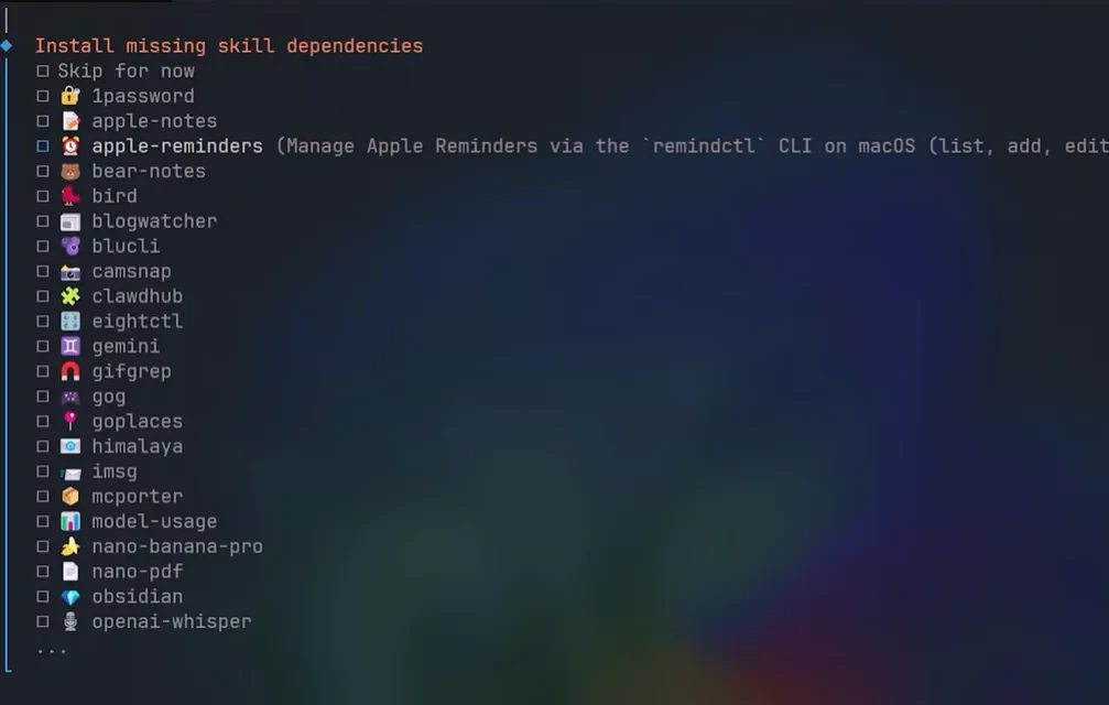 Imagem de uma tela de terminal com instruções de instalação de dependências de habilidades ausentes em um ambiente de programação.