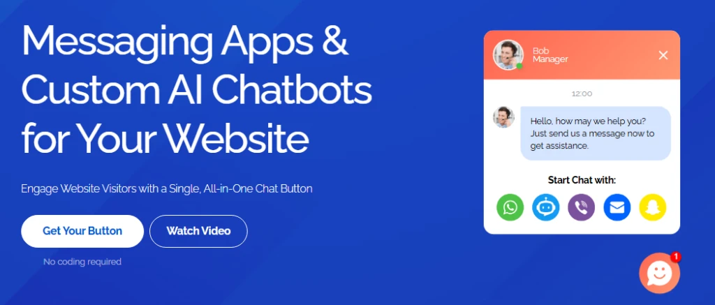 Imagen de un sitio de mensajería con chatbots de IA personalizados para sitios web, que muestra opciones de contacto como WhatsApp, Messenger, correo electrónico y otras, promoviendo aplicaciones de mensajería y chatbots de IA para mejorar el engagement con los visitantes.