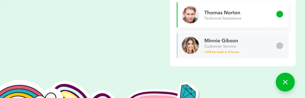 Captura de pantalla de un chat en línea con agentes de soporte técnico y atención al cliente, mostrando nombres, fotos y el estado de la comunicación.