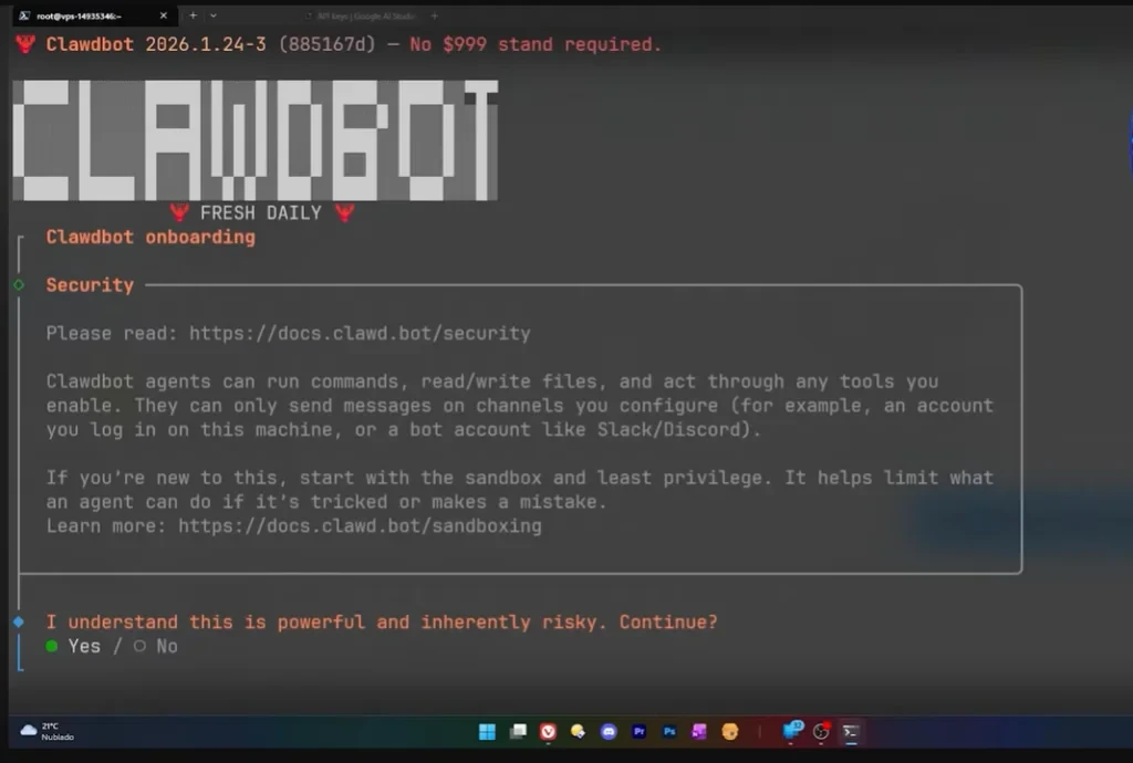 Tela de instalação do ClawDBOT, um sistema de chatbot para automação e segurança em servidores, exibindo comandos e informações na interface de texto.