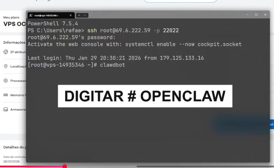 Imagem de um terminal de computador com comandos PowerShell e a frase 'DIGITAR # OPENCLAW' em destaque, relacionado a segurança digital e hacking ético.