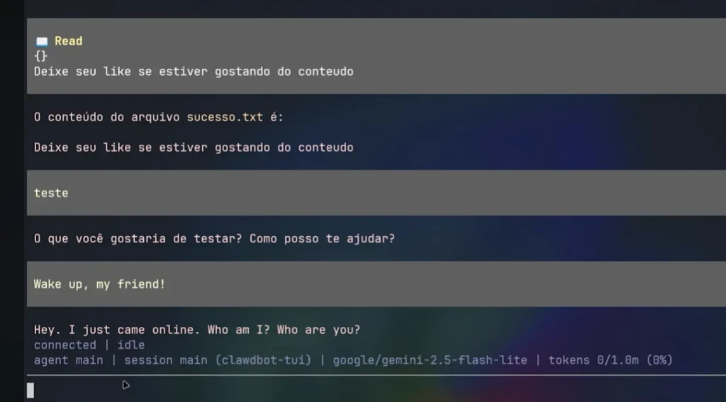Imagem de um terminal de computador exibindo comandos e mensagens de código, com fundo escuro e texto em cores variadas, ilustrando uma sessão de programação ou hacking