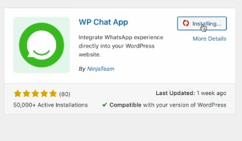 Imagen del plugin WP Chat App para WordPress mostrando el ícono de WhatsApp en la interfaz de instalación.