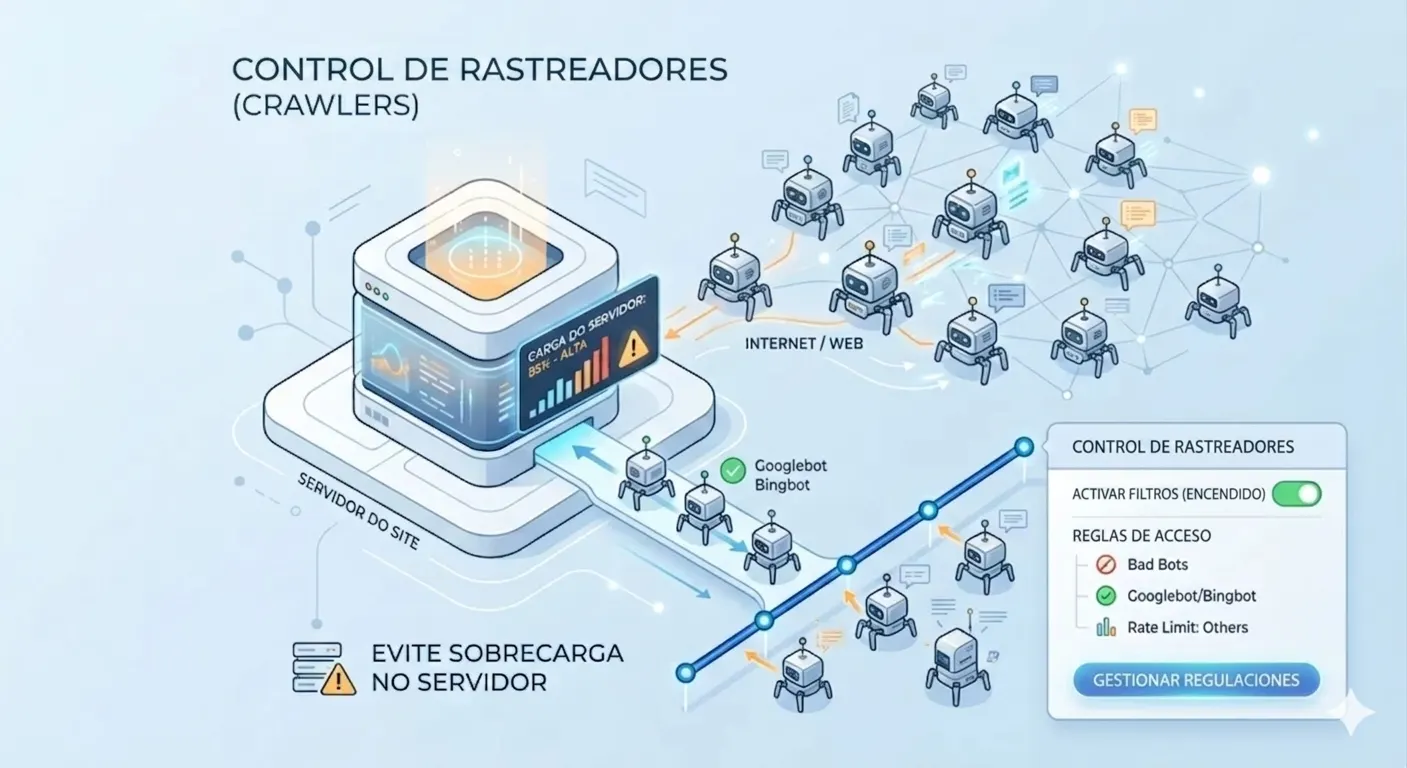 Ilustración del control de rastreadores (crawlers), con un servidor conectado a internet y varios bots representados en red, incluyendo filtros y reglas de acceso para evitar la sobrecarga del servidor.