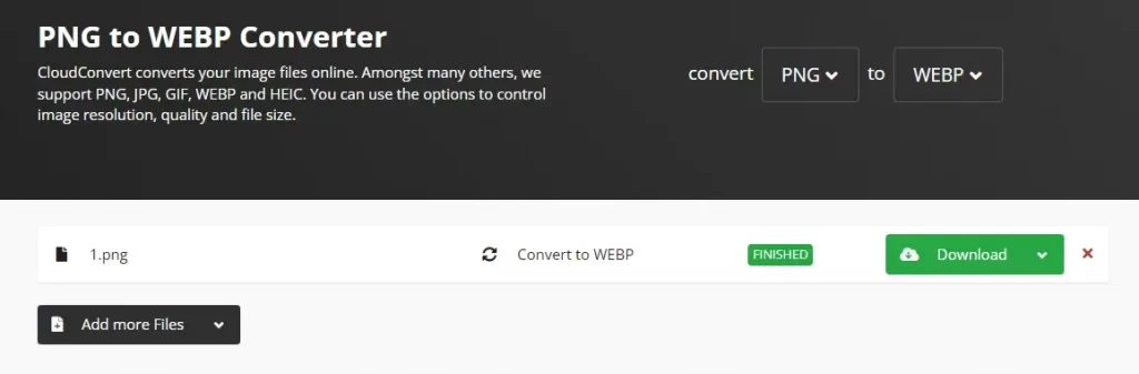 Pantalla de conversión de imágenes PNG a WEBP, con opción para elegir el formato, botón Download y estado FINISHED, además de un campo para agregar archivos y convertir.