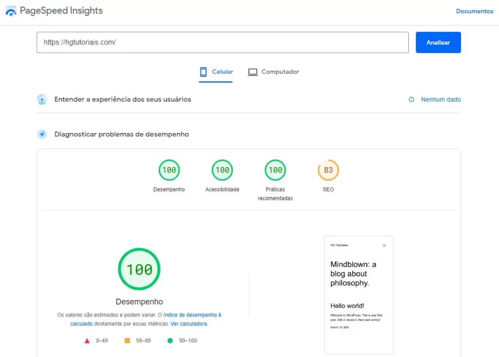 Pantalla de Google PageSpeed Insights que muestra el análisis de rendimiento del sitio hgtoriosai, con indicadores de 100 en rendimiento, accesibilidad y prácticas recomendadas, y 83 en SEO, con la opción de analizar en celular y computadora.