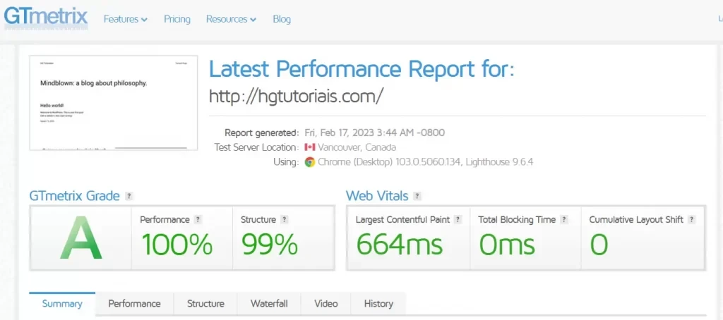 Informe de GTmetrix que muestra el Latest Performance Report de la dirección [http://hgtutorials.com/](http://hgtutorials.com/), con Grade A, Performance 100% y Structure 99%, además de métricas de Web Vitals como Largest Contentful Paint de 664 ms, TBT de 0 ms y CLS de 0.