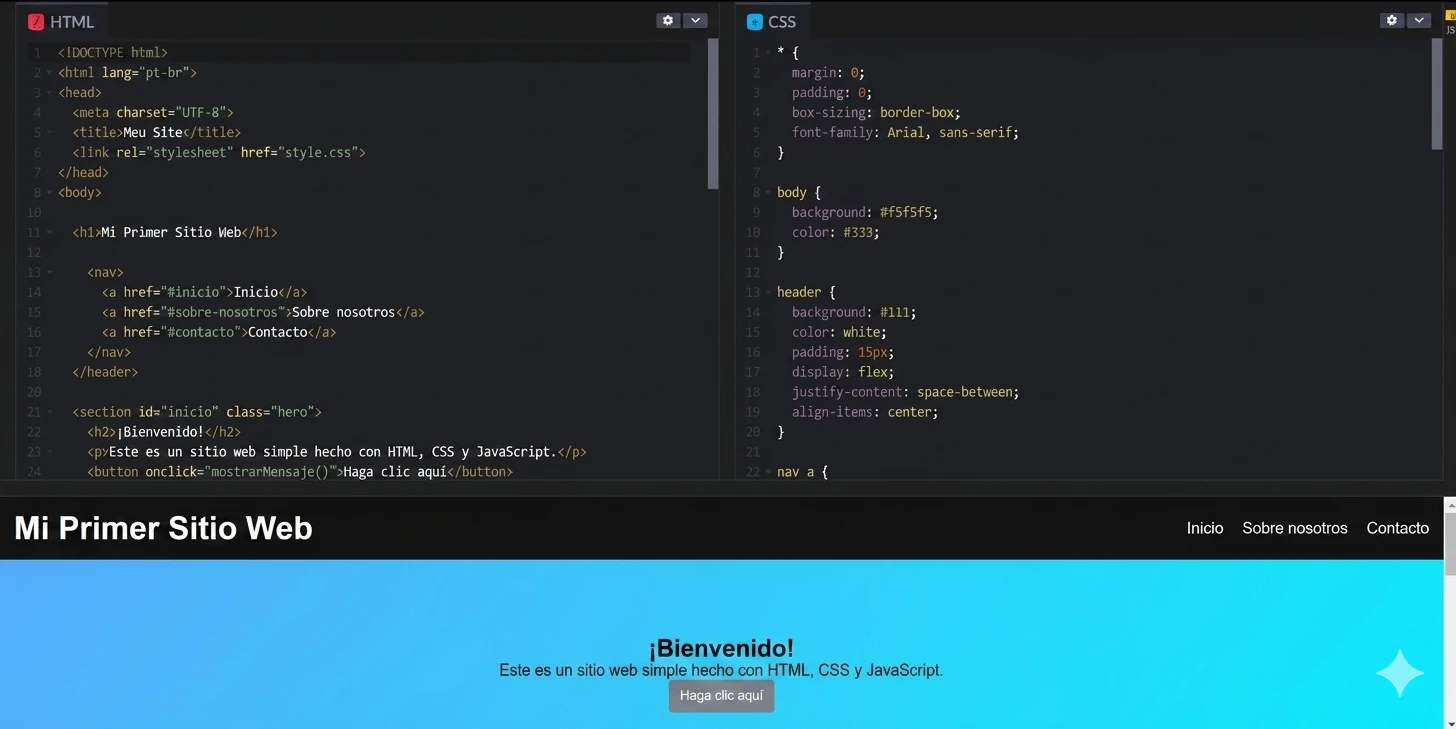 Captura de pantalla de un editor de código con archivos HTML y CSS junto a una vista previa del sitio con el texto “Mi Primer Sitio Web” y “¡Bienvenido!” en un diseño azul.