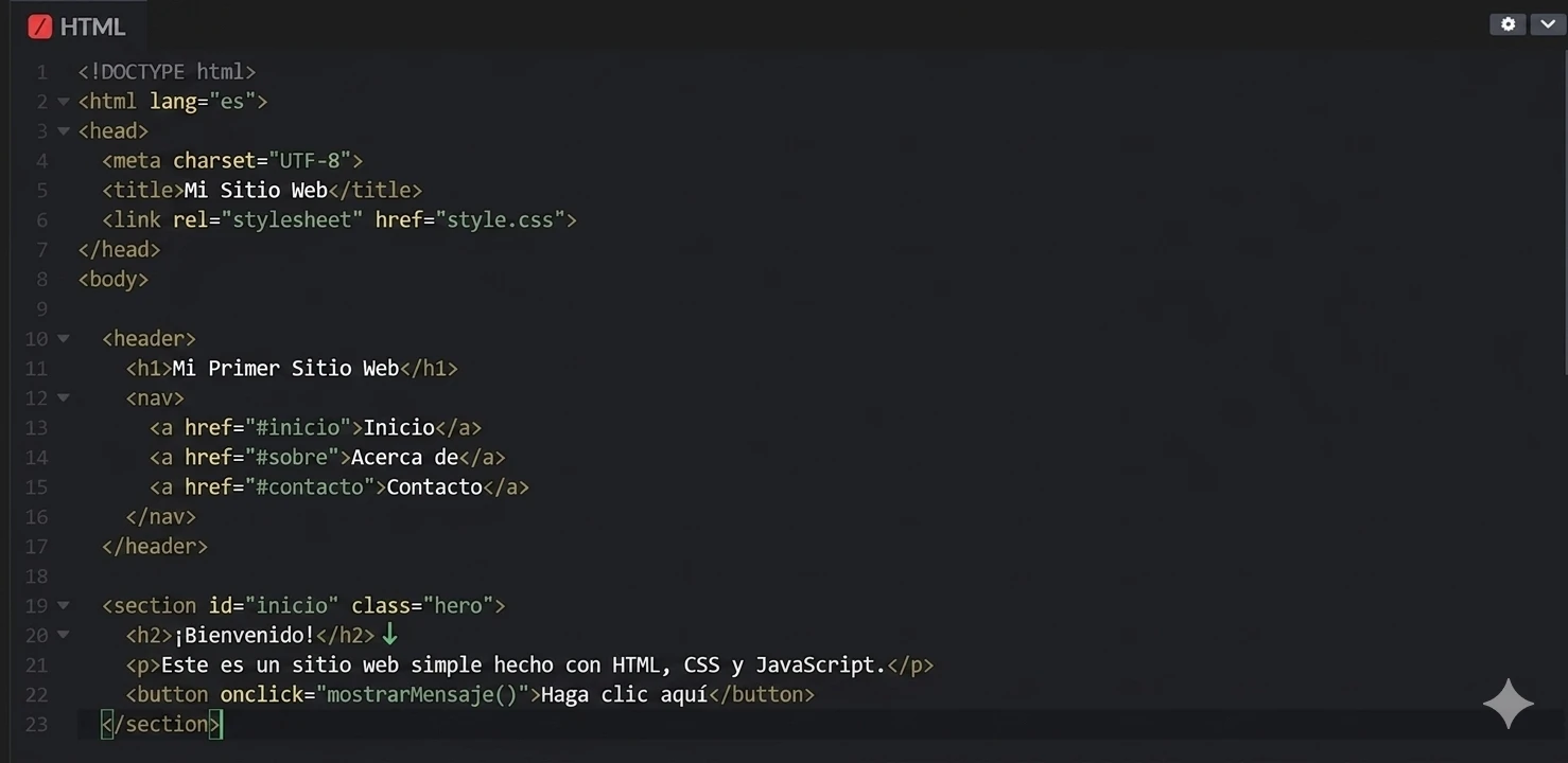 Imagen de un IDE que muestra código HTML en un editor oscuro, con estructura de página, secciones y un botón con evento `onclick` para llamar a la función `mostrarMensaje`, además de enlaces a CSS.