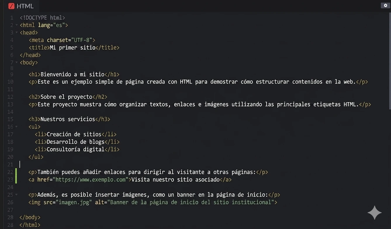 Captura de pantalla de un editor de código HTML que muestra una página con título, párrafos, listas y enlaces, además de un ejemplo de imagen y un banner con atributo alt.
