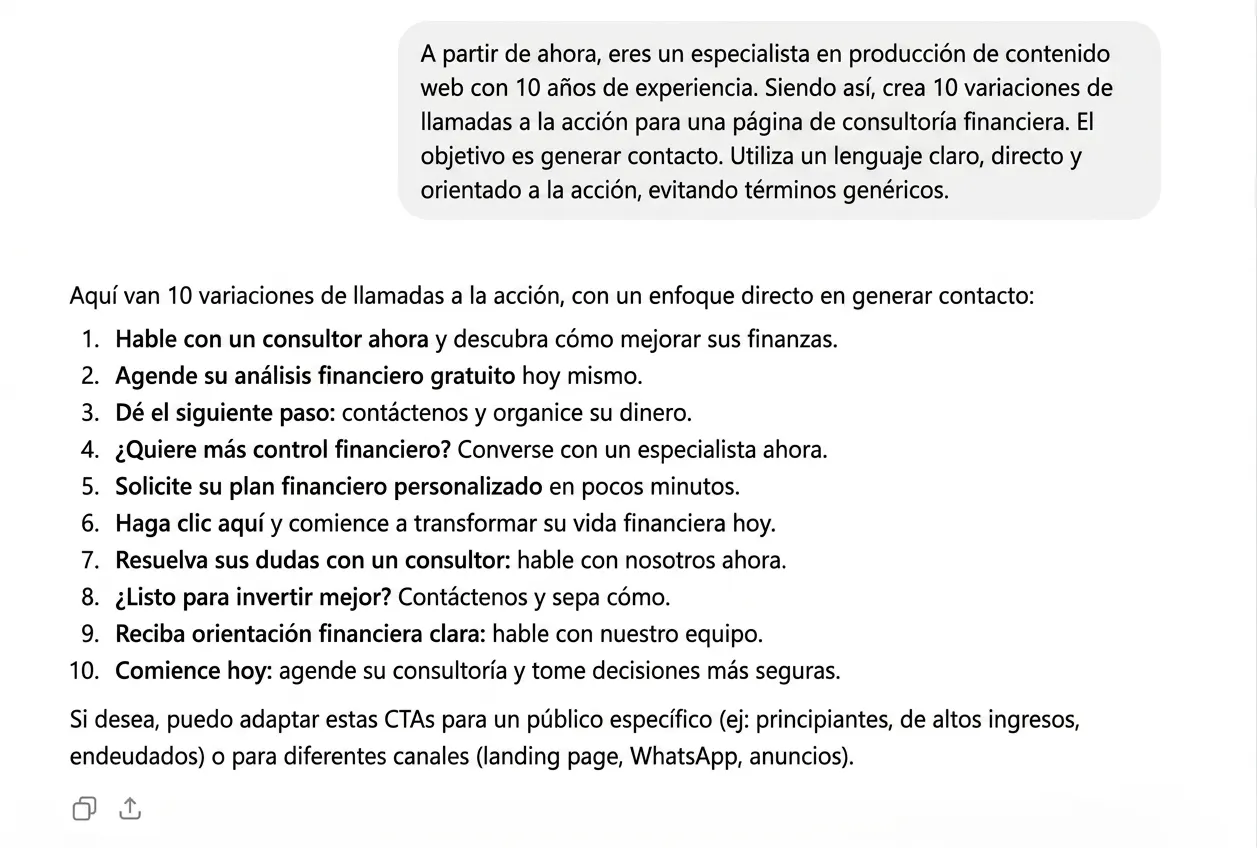 Imagen de una página con texto en español que explica 10 variaciones de llamadas a la acción enfocadas en generar contacto y atender consultorías financieras, con una lista numerada y orientaciones finales.