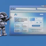 Ilustración de un robot de pie junto a un sitio web con estilo de interfaz, con elementos de SEO, contenido automatizado y opciones de recursos, sobre un fondo azul.