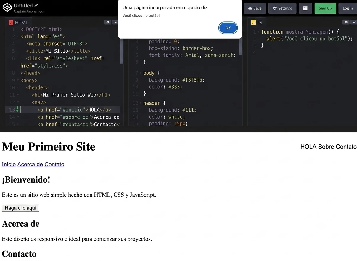 Imagen de una página de ejemplo “Mi Primer Sitio”, con secciones de Inicio, Acerca de y Contacto, mostrando también código en HTML, CSS y JavaScript al lado.