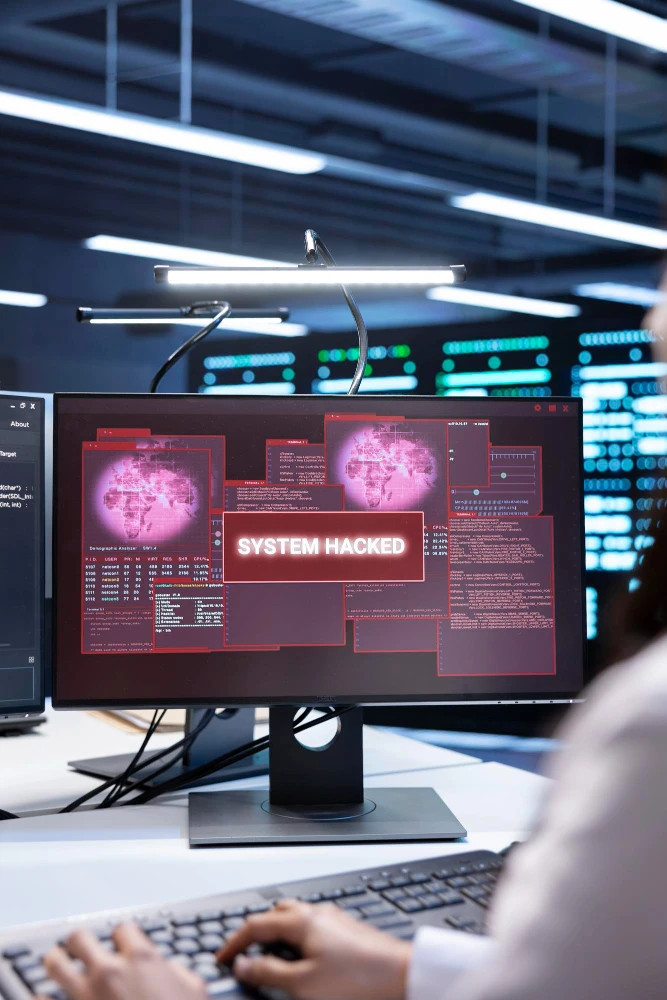 Pantalla de computadora en un entorno de ciberseguridad que muestra el mensaje “SYSTEM HACKED” e interfaces con códigos y datos, mientras una persona escribe en el teclado.