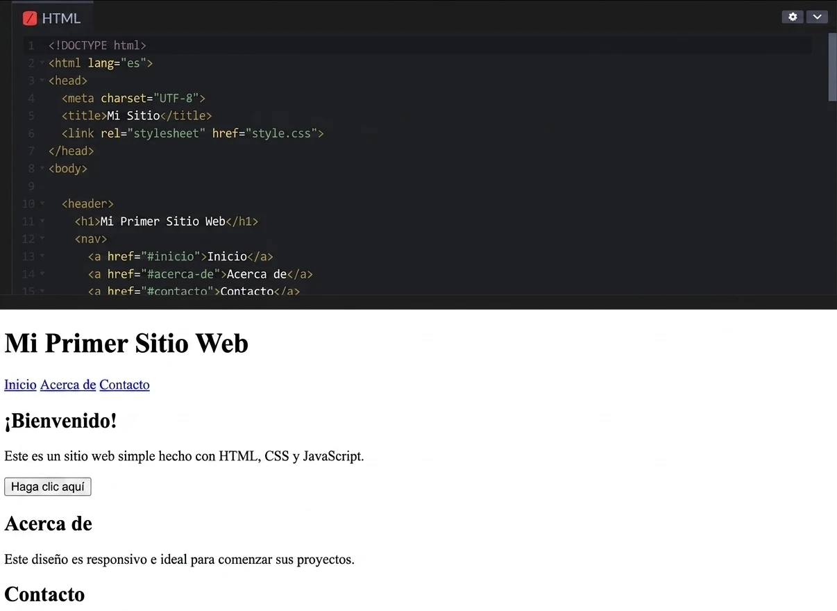 Imagen de una pantalla de desarrollo que muestra código HTML en un editor y la vista previa de un sitio llamado “Mi Primer Sitio Web”, con secciones de Inicio, Acerca de y Contacto.