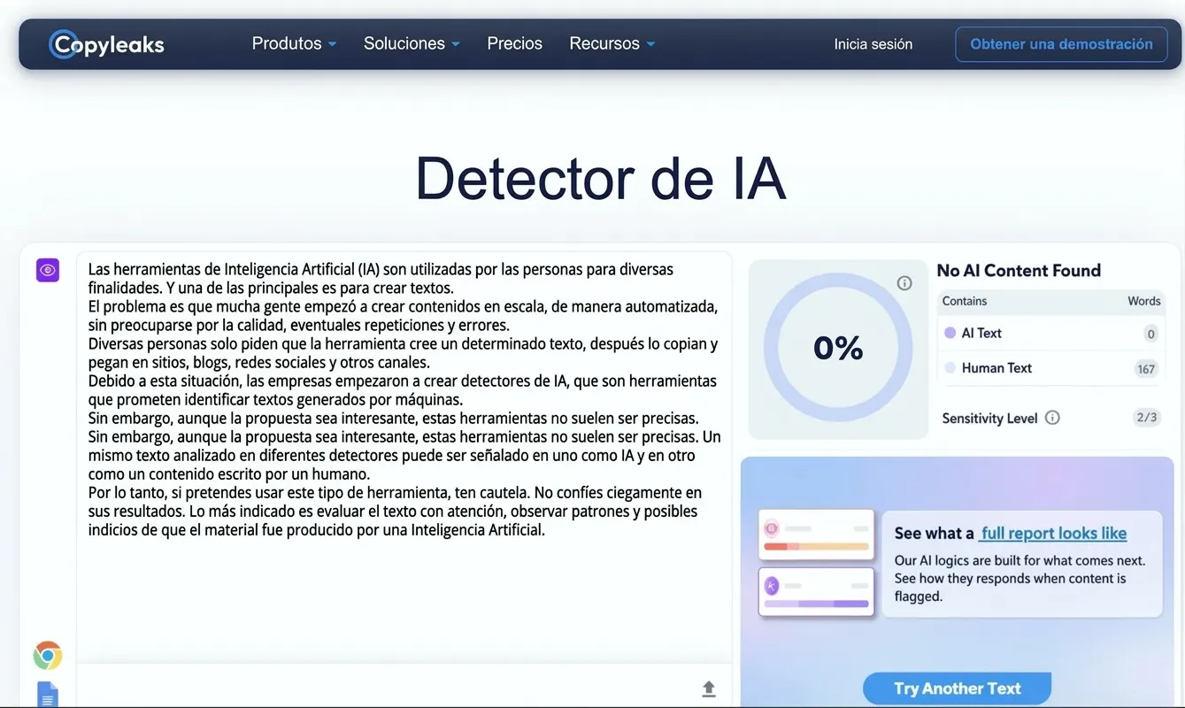 Captura de pantalla de Copyleaks con la sección "Detector de IA", que muestra una explicación sobre la verificación de contenido y un panel de resultados con indicadores de detección y la opción para probar un texto.