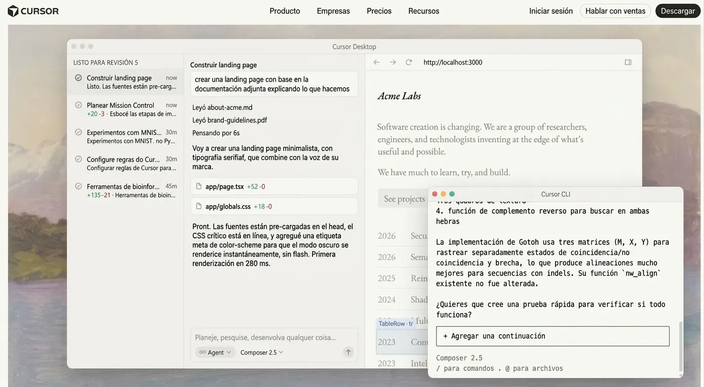 Interfaz de software que muestra Cursor Desktop con código y texto, incluidos ejemplos de creación de una landing page, y una ventana de terminal de Cursor CLI con comandos y resultados.