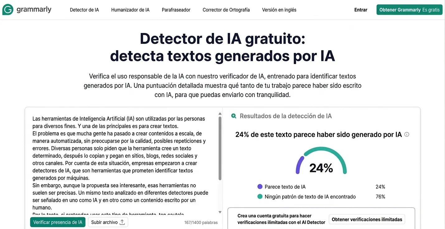 Página de un detector de IA gratuito con un texto sobre la detección de contenido generado por IA y una gráfica de resultados que indica un 24% de probabilidad de IA.