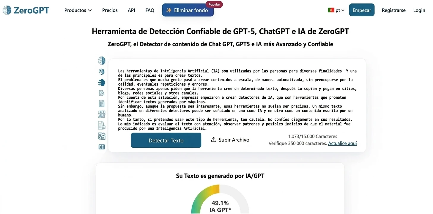 Página de ZeroGPT que muestra una herramienta confiable para detectar textos de GPT-5 y ChatGPT, con un botón para analizar el texto y la indicación del análisis del contenido.
