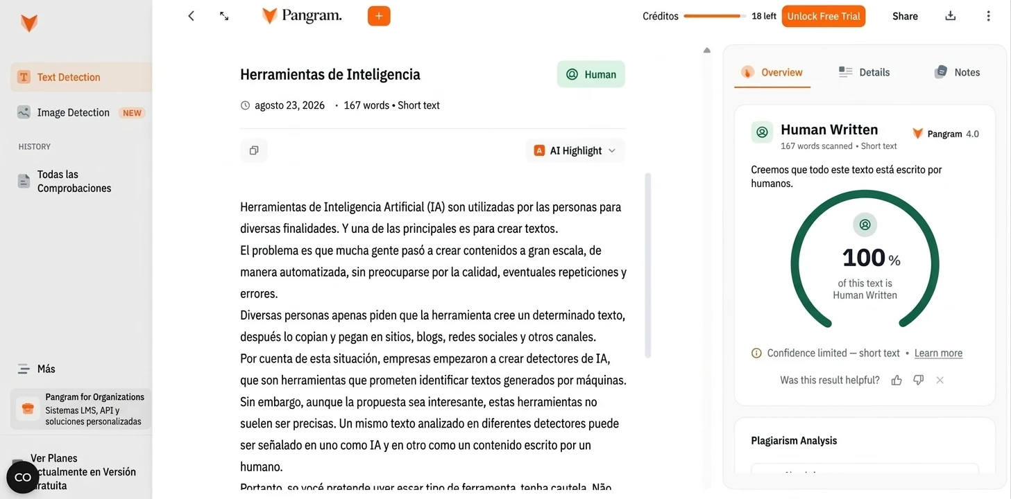 Pantalla de un artículo sobre herramientas de Inteligencia Artificial (IA) y análisis de texto, con un panel lateral que muestra "Human Written" y un porcentaje de 100% de contenido escrito por personas.