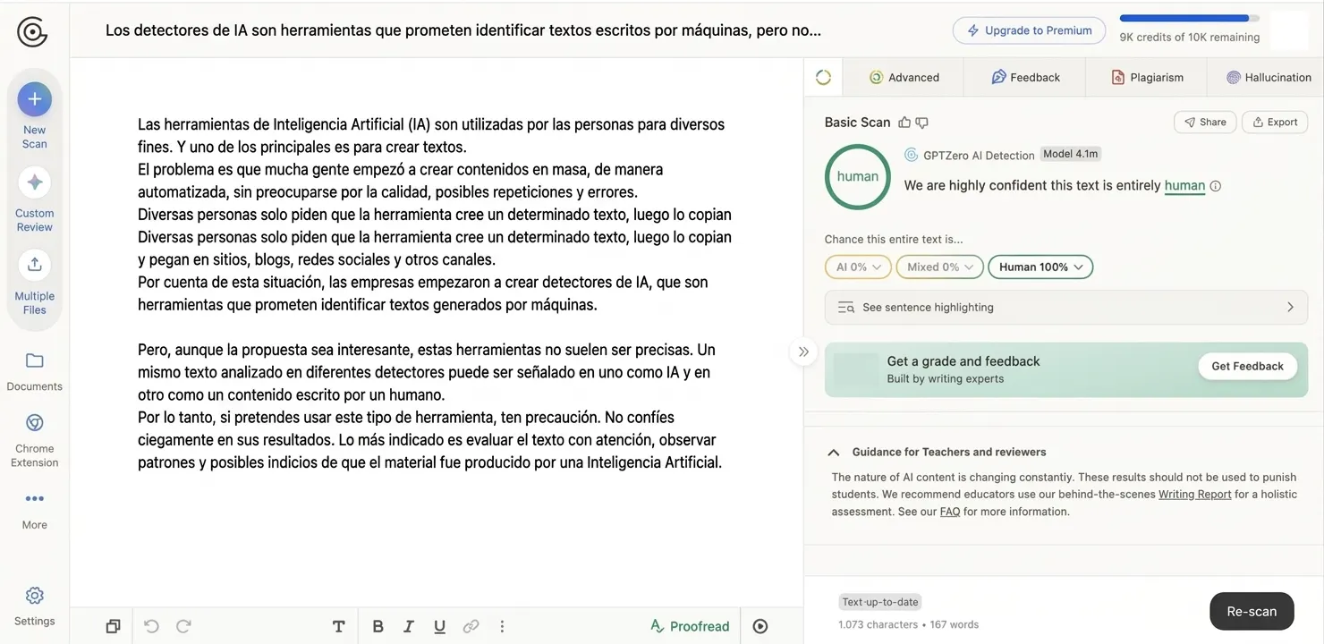 Pantalla de una herramienta de detección de IA que analiza un texto y resalta los resultados, con opciones de verificación avanzada y retroalimentación. Interfaz en inglés.